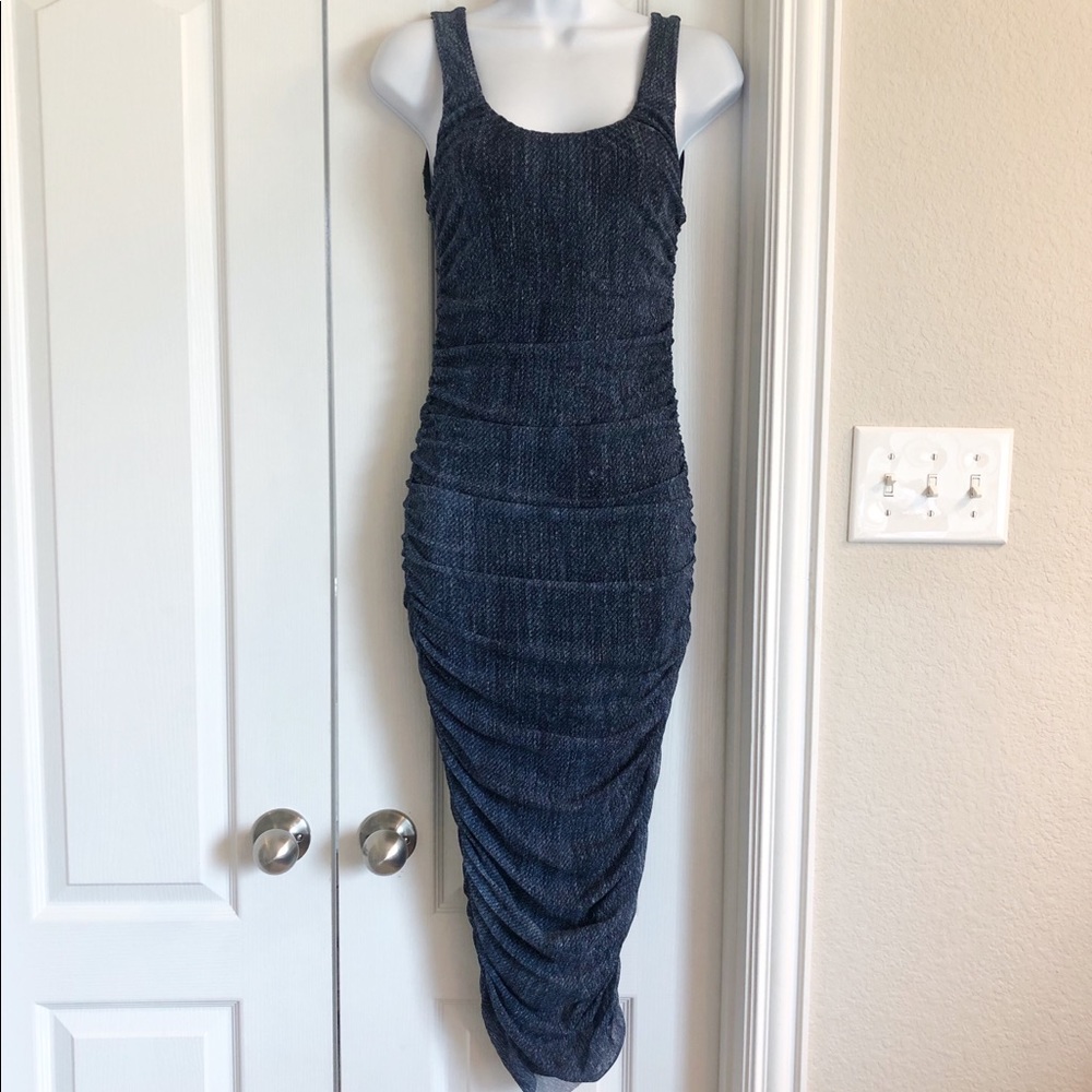 90’s Vintage Fuzzi Denim Printed Mesh Ruched Midi Dress